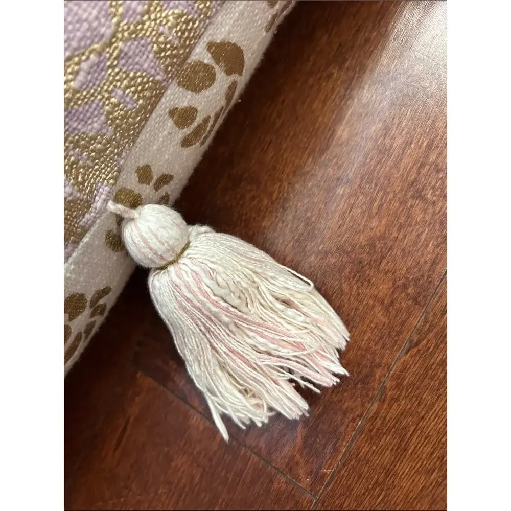 Anthropologie Large Boho Metallic Gold and Lavender Tasseled Pillow, 20”x20”